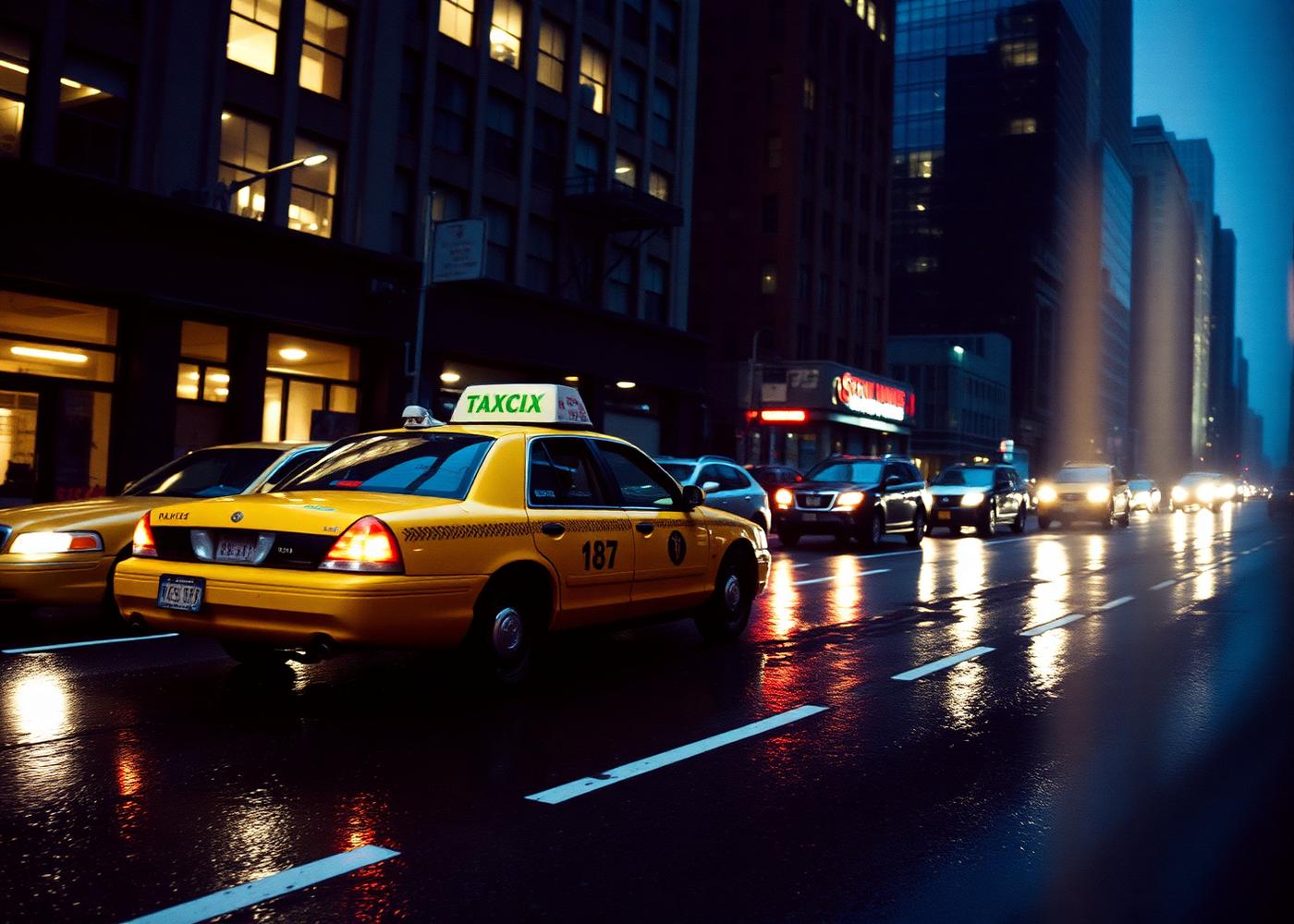 Yellow cab on rainy Manhattan street